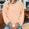 Women's Casual Crewneck Striped Long Sleeve Sweatshirt - Comfortable Loose Fit Ribbed Knit Top For Spring&Fall