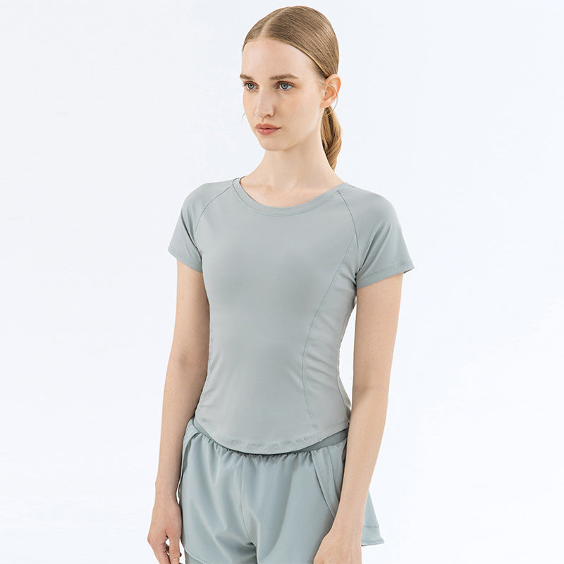 Mesh Stitching Yoga Short-sleeved Sports T-shirt Women's Round Neck Top
