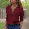 Women's Solid Color Textured Zip-Up Collared Long Sleeve Top - Casual Fall&Spring Blouse With Stretchy Comfort Fit