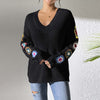 Sweet Commute Style V-neck Jacquard Flowers Regular Sleeve Sweater Pullover
