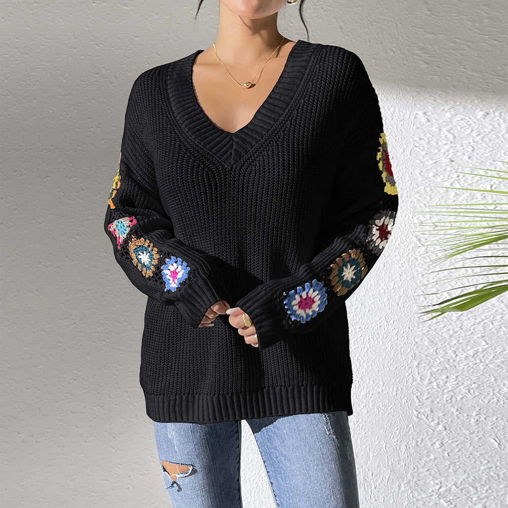 Sweet Commute Style V-neck Jacquard Flowers Regular Sleeve Sweater Pullover