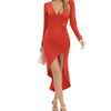 Ladies' V-neck Slim Fit Slit Fashionable Slimming Sexy Irregular Long Sleeved Mid Length Dress