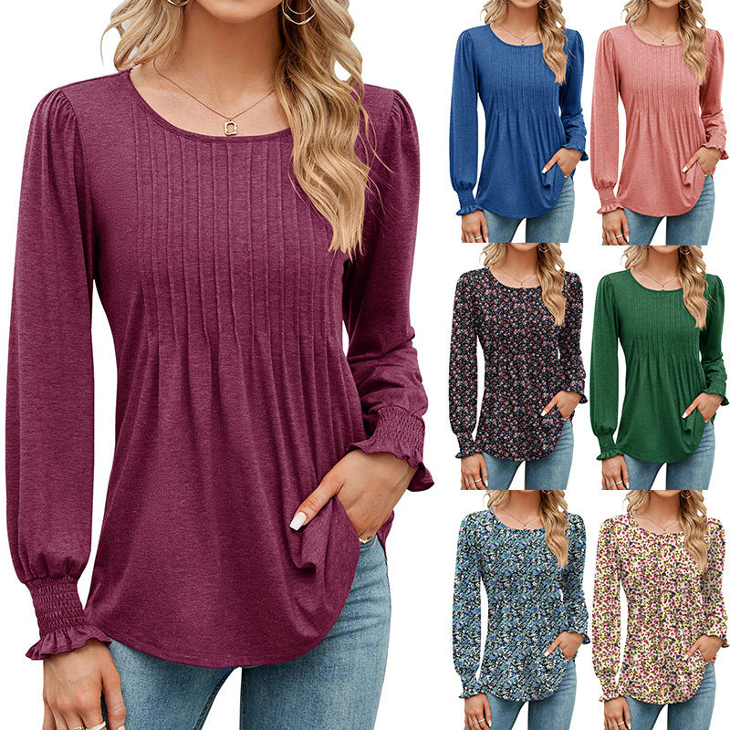 Women's Solid Color Casual Puff Sleeve Round Neck Top