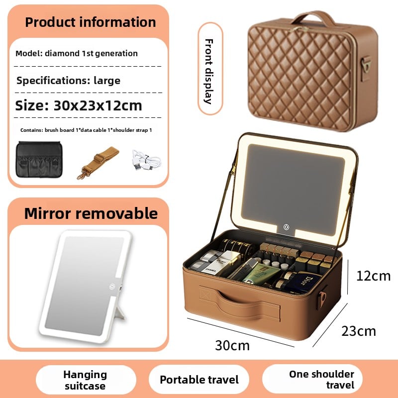 The makeup bag comes with a mirror and a lamp
