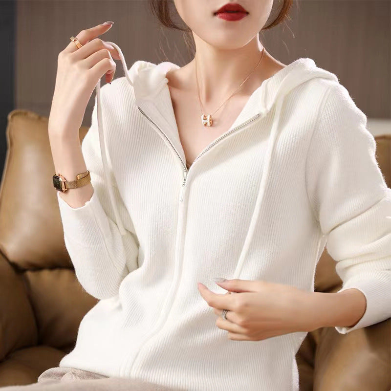 Double-headed Zipper Hooded Knit Women's Cardigan Coat
