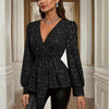 Women's Asymmetrical Hem Solid Color V-Neck Long Sleeve Blouse - Stylish Casual Flash Top For Spring&Fall