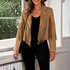 Women's Notched Collar Open-Front Fringed Jacket Casual Faux Suede Tassel Motorcycle Cropped Jacket