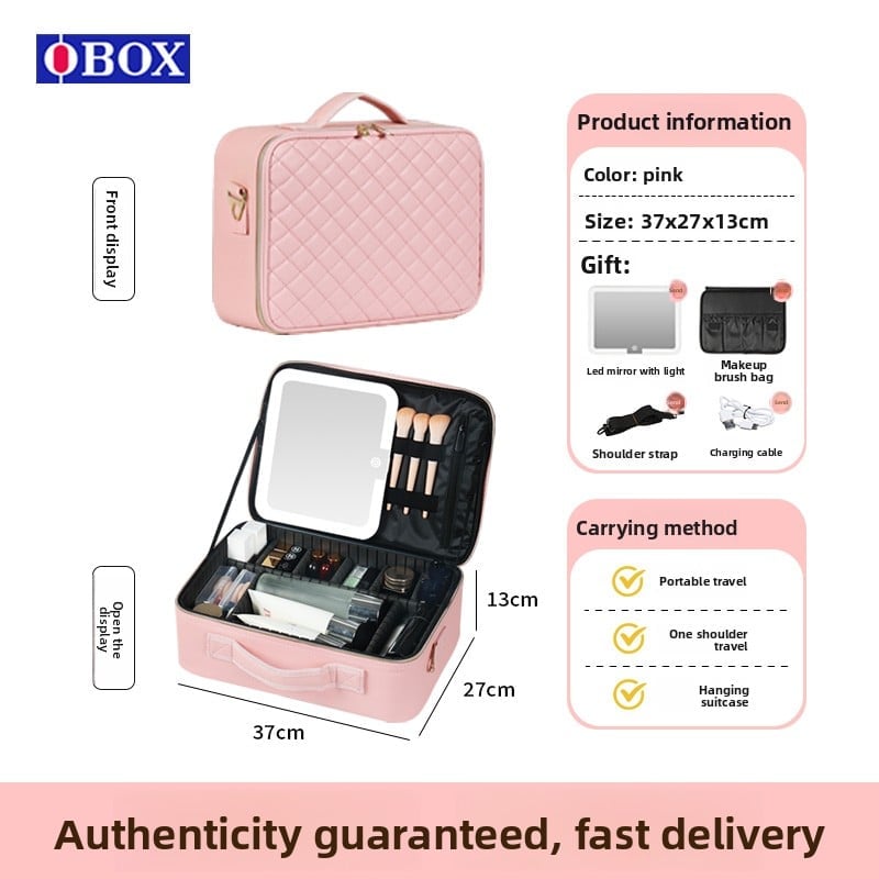 The makeup bag comes with a mirror and a lamp