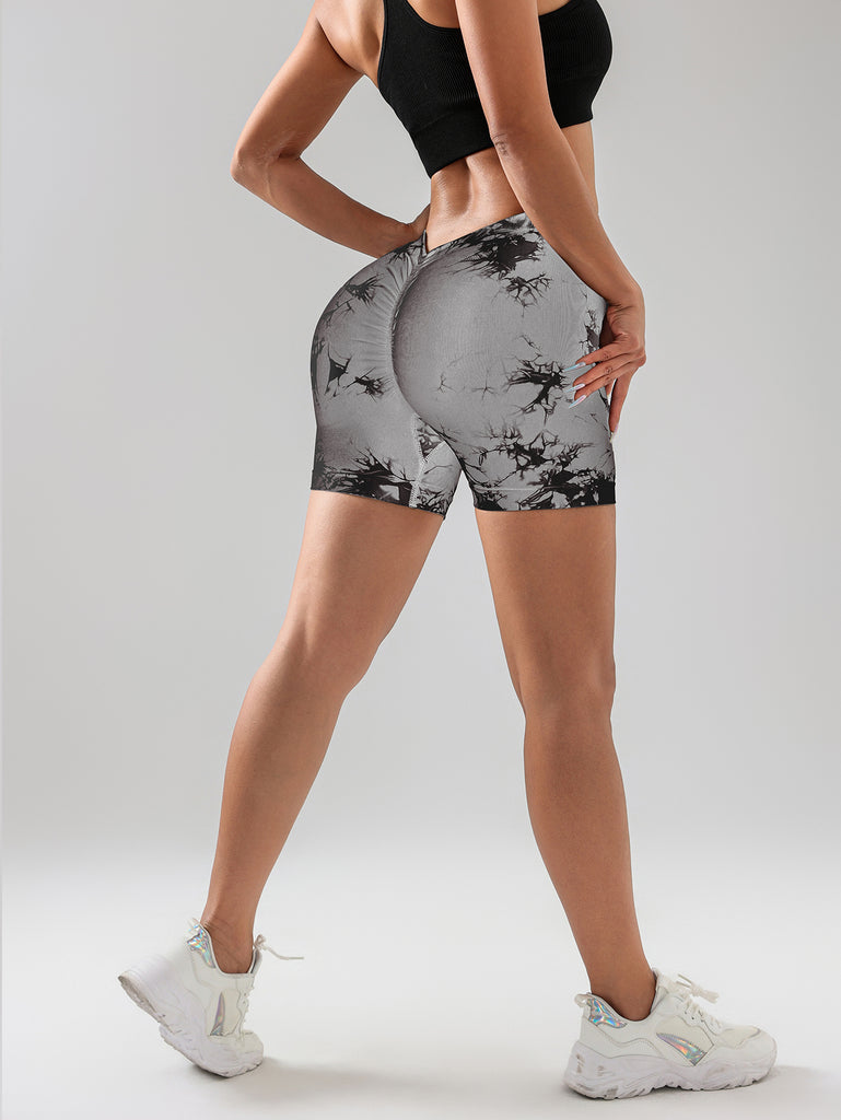 Women's Tie Dye High Waist V-Back Scrunch Yoga Shorts, Seamless Sport Athletic Shorts With Stretch Fabric, Fitness Workout Bottoms