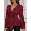 Womens Sparkly Tops Shiny Long Sleeve Ruched Asymmetrical Hem Sparkle Blouses Cocktail Party Evening Shirts