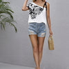 Ladies' Printed Fashion Oblique Shoulder Butterfly Printed Irregular Off Shoulder T-shirt