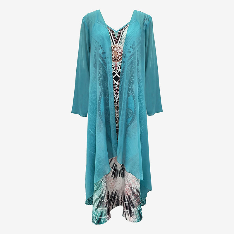 Women's Long Sleeve V-Neck Print Loose Two-Piece Dress Casual Elegant Spring&Autumn Outfit