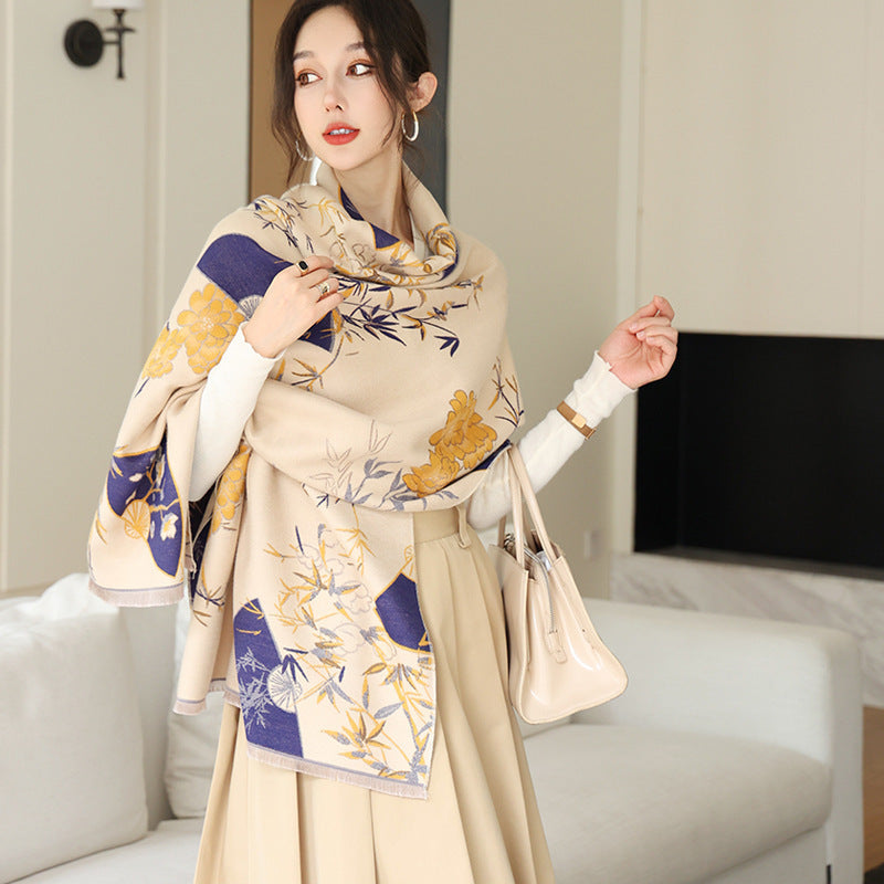 National Style Elegant Cashmere Scarf Double-sided Dual-use Jacquard Shawl