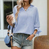 Women's V-Neck Striped Short Sleeve Blouse With Ruffled Cuff Tie & Back Slit Design Fashionable Spring&Summer Top