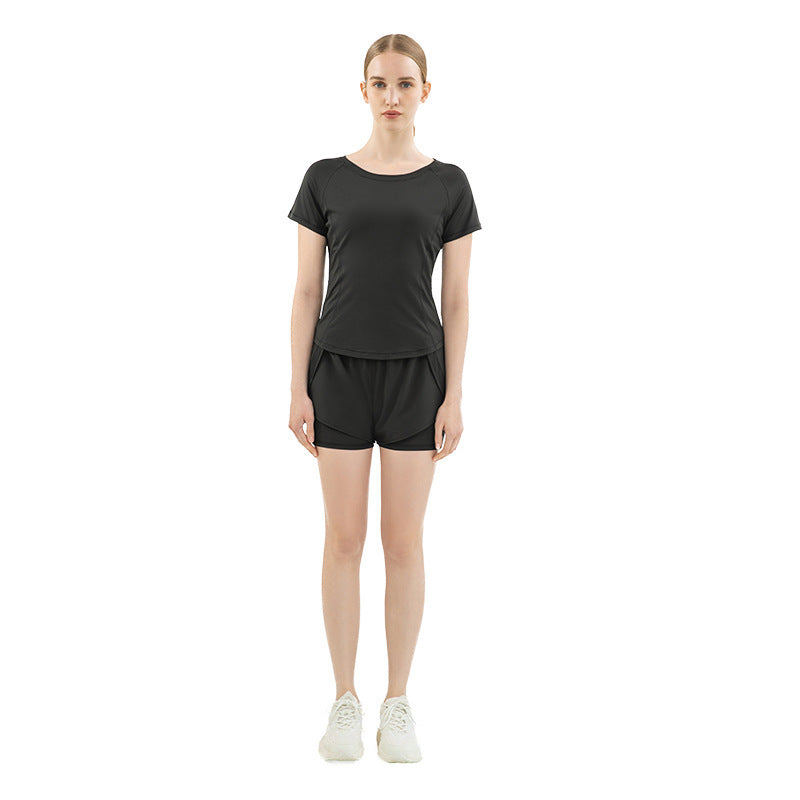 Mesh Stitching Yoga Short-sleeved Sports T-shirt Women's Round Neck Top