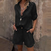 Women's Solid Color Lapel Short Sleeve Shorts Set - Button-Up Casual Two-Piece Outfit With Pocketed Shorts Summer Minimalist Outfit