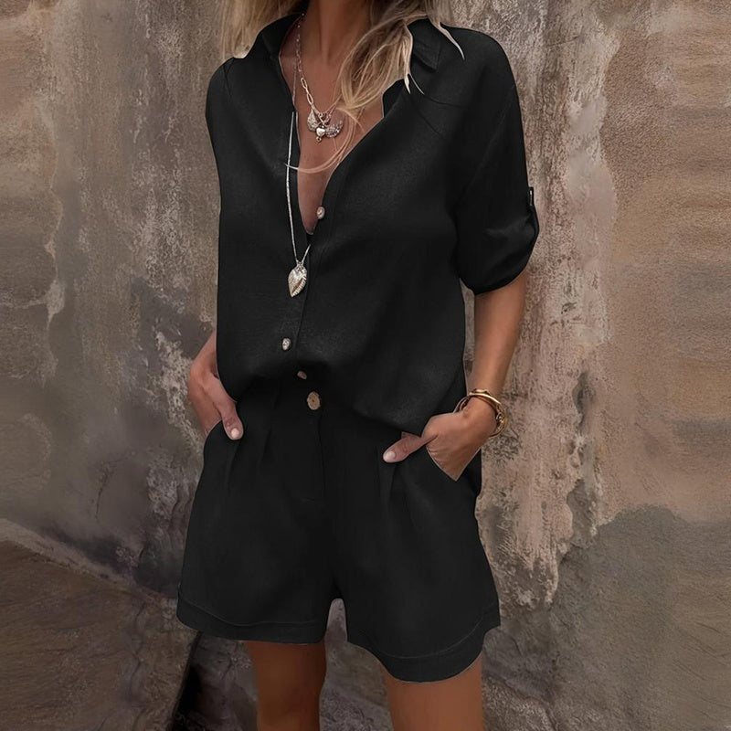 Women's Solid Color Lapel Short Sleeve Shorts Set - Button-Up Casual Two-Piece Outfit With Pocketed Shorts Summer Minimalist Outfit