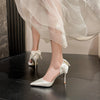 White satin bow high heels