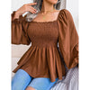 Women's Peplum Tops Square Neck Ruffle Trim Long Sleeve Blouse Smocked Top Dressy Casual Shirts
