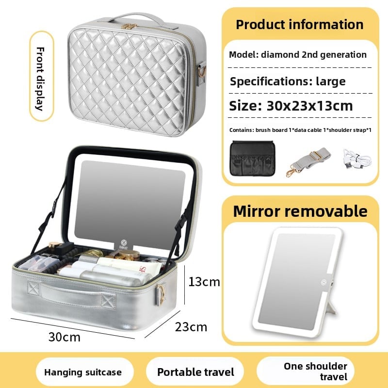 The makeup bag comes with a mirror and a lamp
