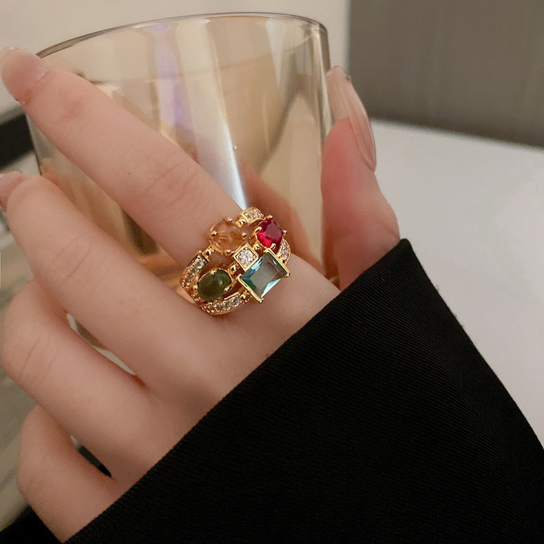 Colorful Zircon Geometric Open Ring ? Multi-Layer Oval Statement Design