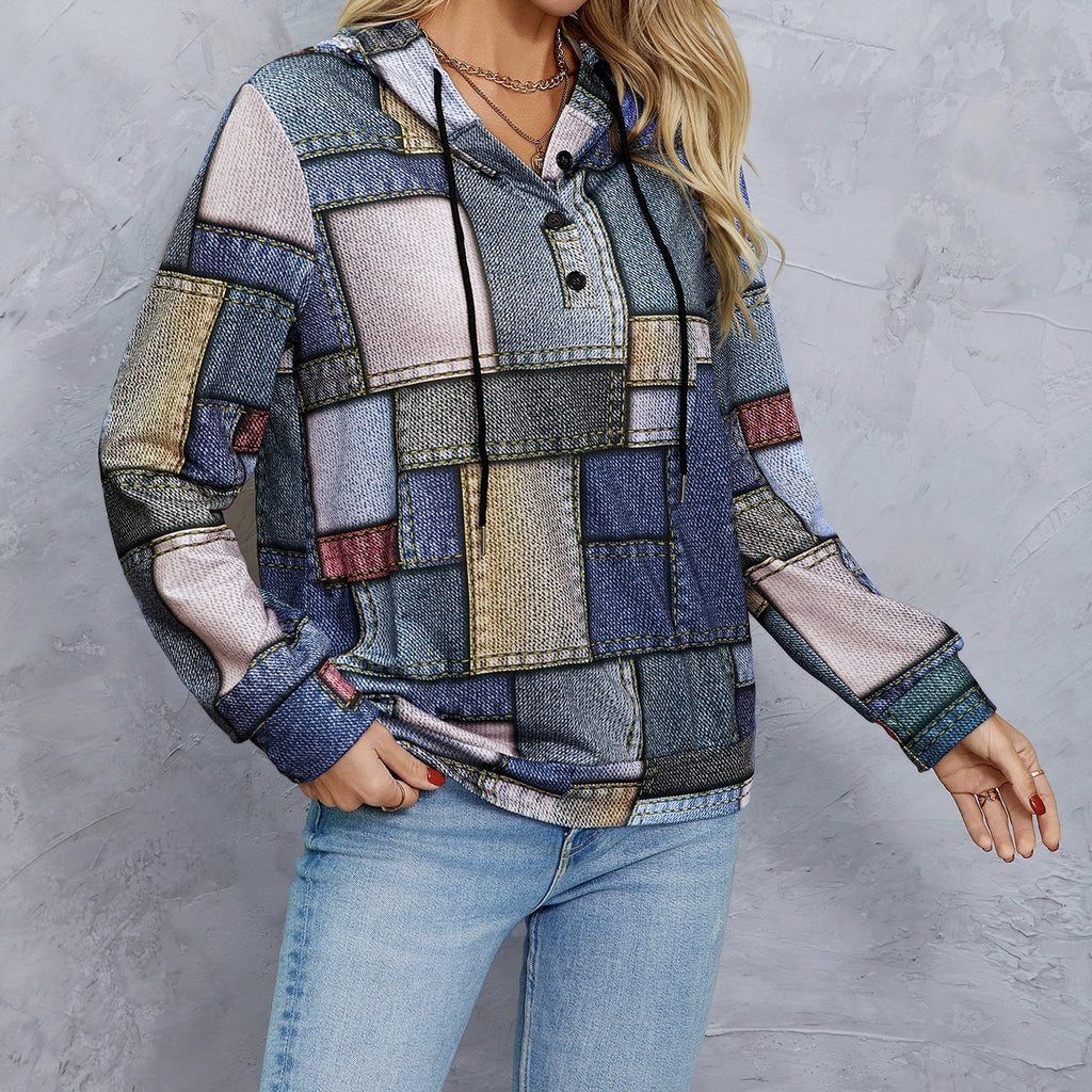 Women's Hooded Geometric Print Drawstring Fashionable Casual Hoodie Top