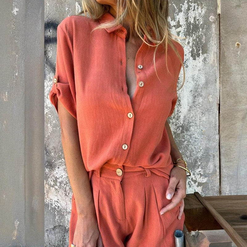 Women's Solid Color Lapel Short Sleeve Shorts Set - Button-Up Casual Two-Piece Outfit With Pocketed Shorts Summer Minimalist Outfit