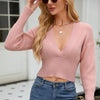 V-neck Batwing Sleeve Loose Solid Color Knitted Sweater