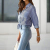 Women's Elegant Striped Long Sleeve Shirt - Pointed Lapel Collar With Chest Pocket, Button-Up Casual Blouse For Spring&Fall