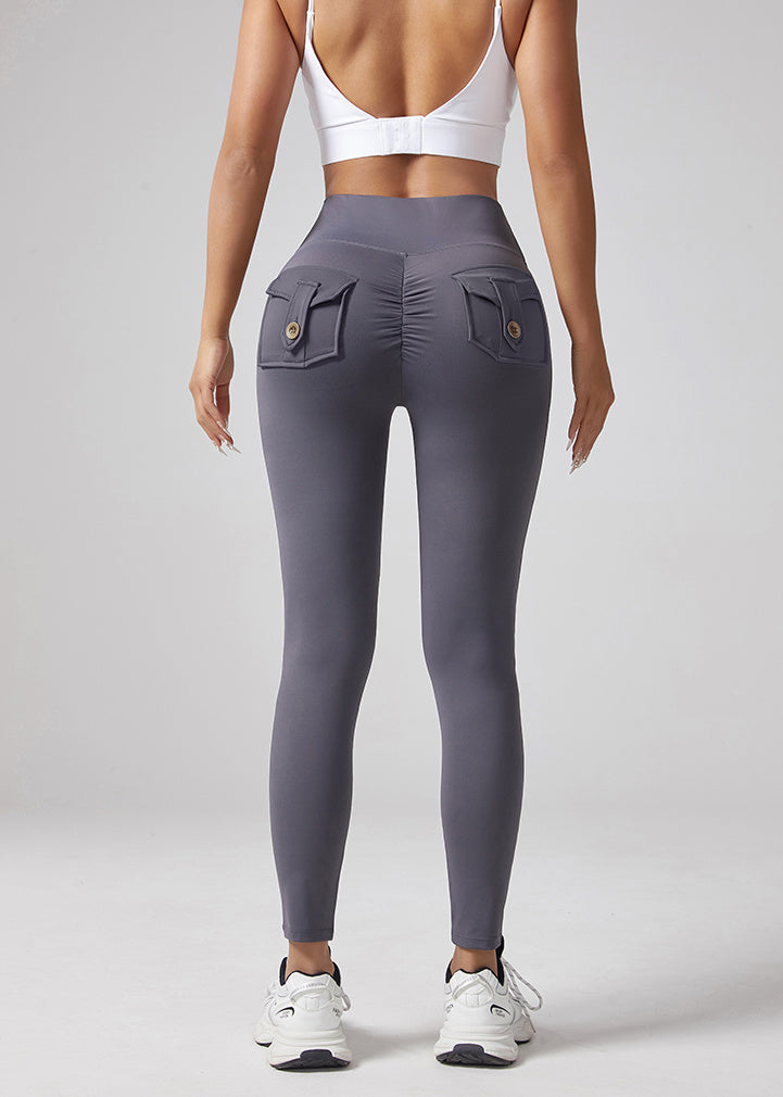 Yoga Waist Pleated Peach Hip Lifting Sports Pants For Female Workers, Pocket High Waisted Button Down Pants