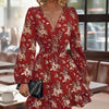 Women's V-Neck Floral Print Long Sleeve Dress With Lantern Sleeves, Ruffled Elastic Waist A-Line Midi Boho Summer Dress