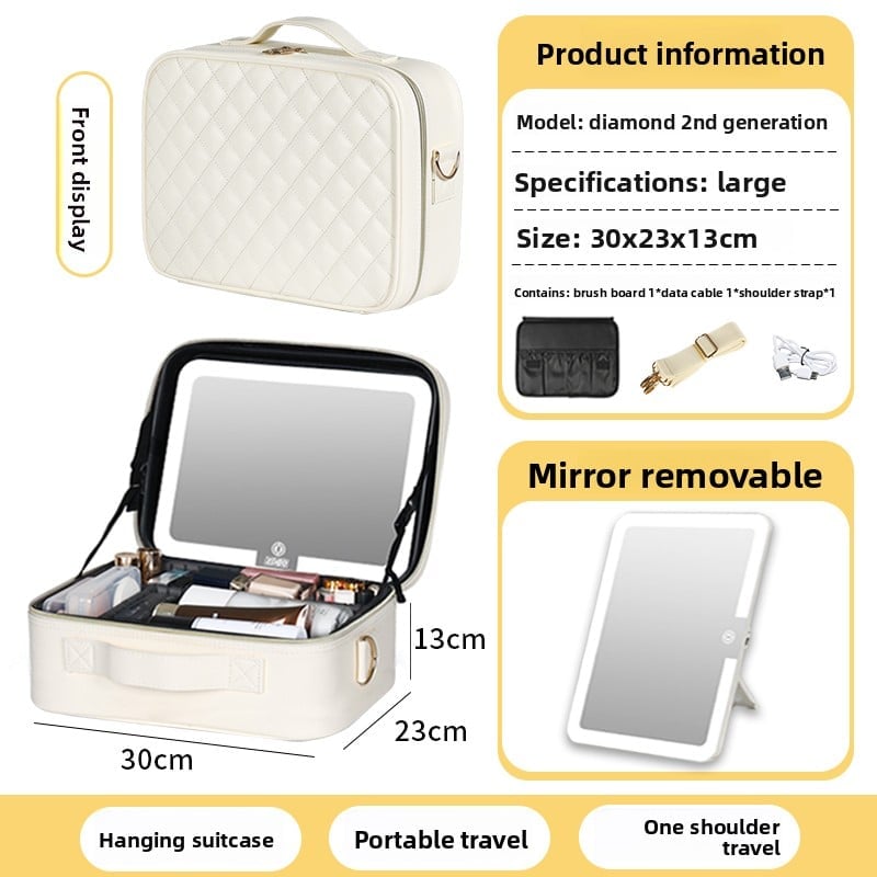 The makeup bag comes with a mirror and a lamp