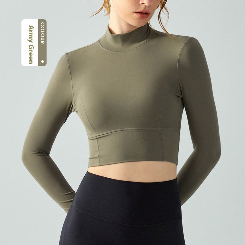 Stand Collar Fallwinter Yoga Wear Long Sleeve Women's Water Drop Semi-fixed Cup Hollow-out Beauty Back