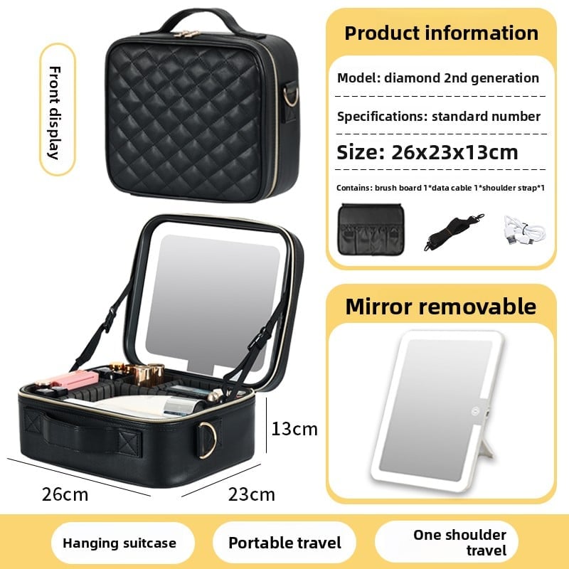 The makeup bag comes with a mirror and a lamp