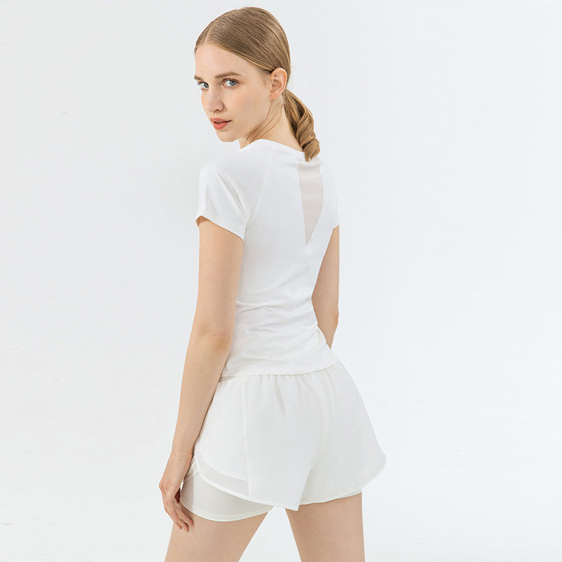 Mesh Stitching Yoga Short-sleeved Sports T-shirt Women's Round Neck Top