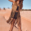 Women's Fringe Vest Sleeveless 70s Hippie Faux Suede Trim Western Cowgirl Tassel Jacket Cardigan