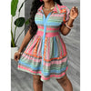 Women's Printed Collar Button Down Dress - Puff Short Sleeve Mini Shirt Dress