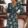 Women's V-Neck Floral Print Long Sleeve Dress With Lantern Sleeves, Ruffled Elastic Waist A-Line Midi Boho Summer Dress