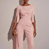 Women's Elegant Round Neck Jumpsuit - Mid-Sleeve With Side Slit Cuffs & Pearl Accents, Back Zipper Design For Casual To Formal Events