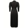 Women's Cross V-Neck Lapel Solid Color Long Sleeve Pleated Maxi Dress With Tie Waist Casual & Formal Dress For Spring & Fall