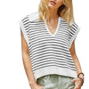 Women's V Neck Cap Sleeve Sweater Vest Sleeveless Collared Striped Knit Tank Tops