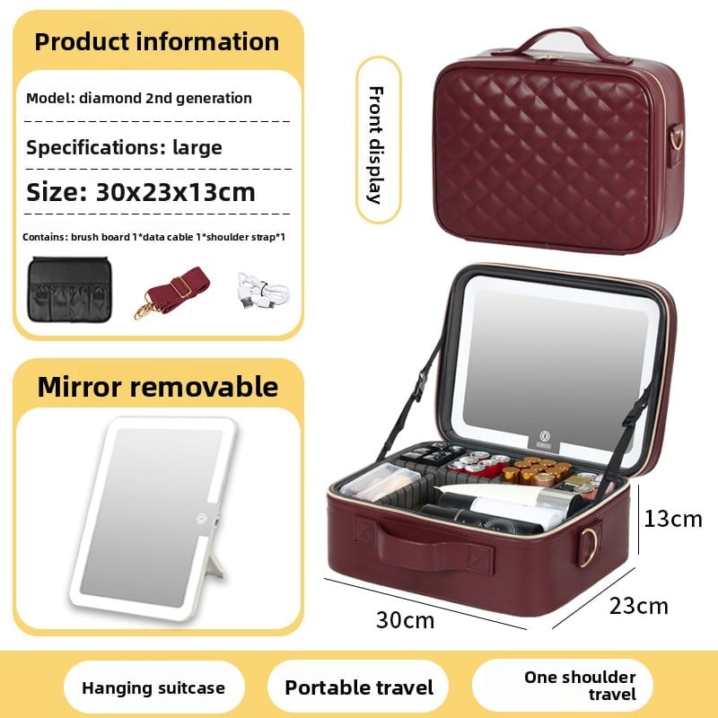 The makeup bag comes with a mirror and a lamp