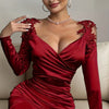 Women's Elegant V-Neck Long Sleeve Lace Sheath Dress - Off Shoulder, Backless, Slim-Fitting Satin Evening Gown With Ruffled Detail