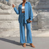 Women's Solid Color Lapel Long Sleeve Pants Set - Button-Up Casual Two-Piece Outfit With Drawstring Waist, Spring&Fall Lounge Wear