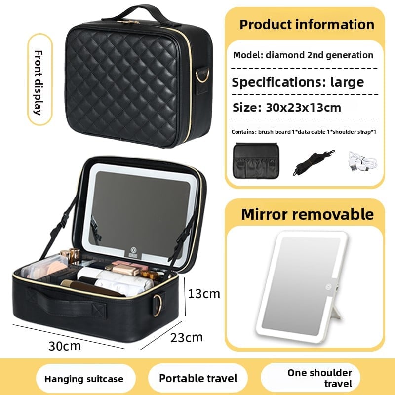 The makeup bag comes with a mirror and a lamp