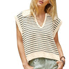 Women's V Neck Cap Sleeve Sweater Vest Sleeveless Collared Striped Knit Tank Tops