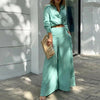 Women's Plus Size Elegant Pant Set - Crisscross Detail Top & Wide Leg Pants With Pockets Office & Casual Outfit