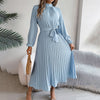 Elegant High Neck Long Sleeve Pleated Maxi Dress - Solid Color Flowy Dress For Women, Casual To Formal Wear