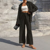 Women's Solid Color Lapel Long Sleeve Pants Set - Button-Up Casual Two-Piece Outfit With Drawstring Waist, Spring&Fall Lounge Wear