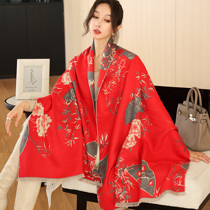 National Style Elegant Cashmere Scarf Double-sided Dual-use Jacquard Shawl